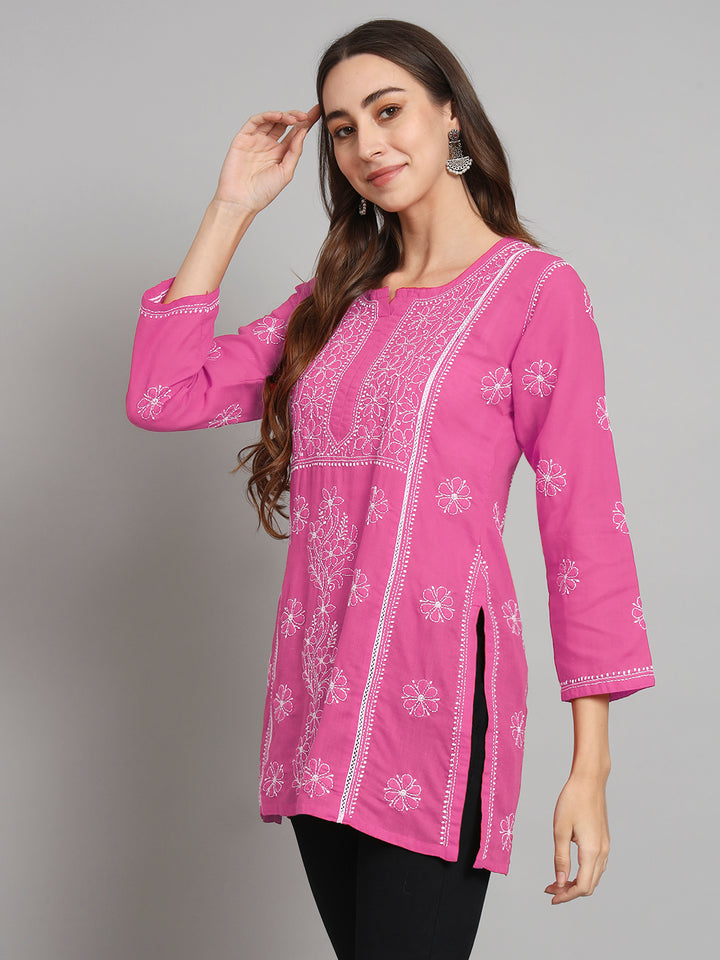 Women Hand Embroidered Chikankari Cotton Straight Kurti- PC3614 Hotpink