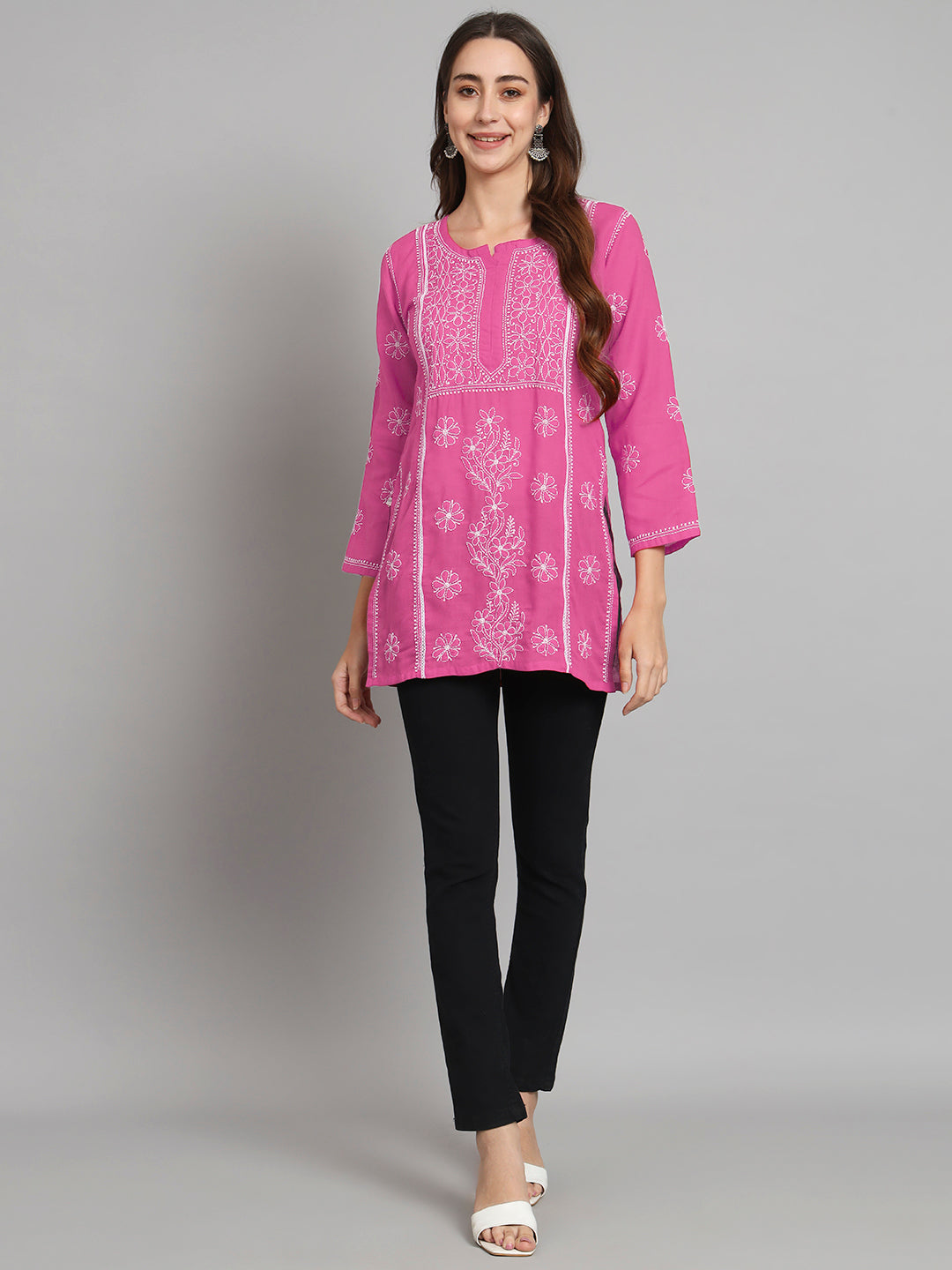 Women Hand Embroidered Chikankari Cotton Straight Kurti- PC3614 Hotpink