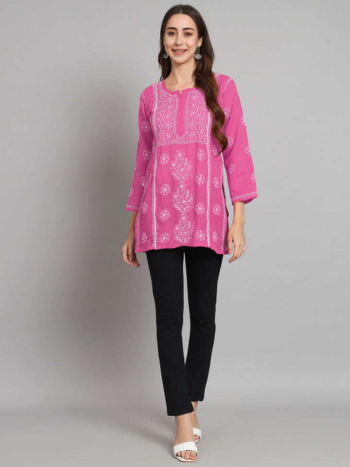 Women Hand Embroidered Chikankari Cotton Straight Kurti- PC3614 Hotpink
