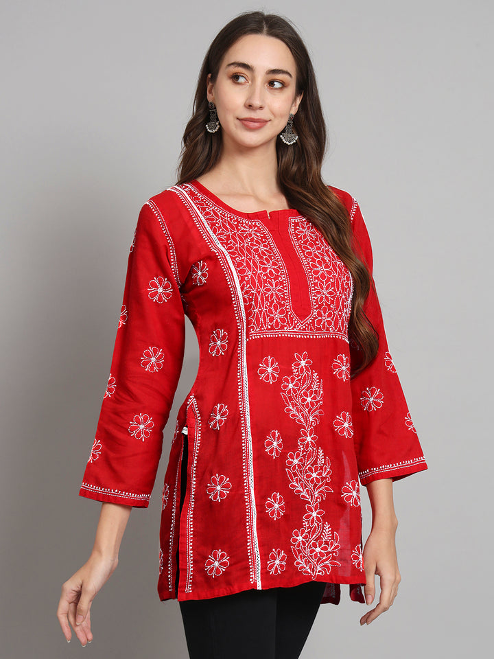 Women Hand Embroidered Chikankari Cotton Straight Kurti- PC3614 Red