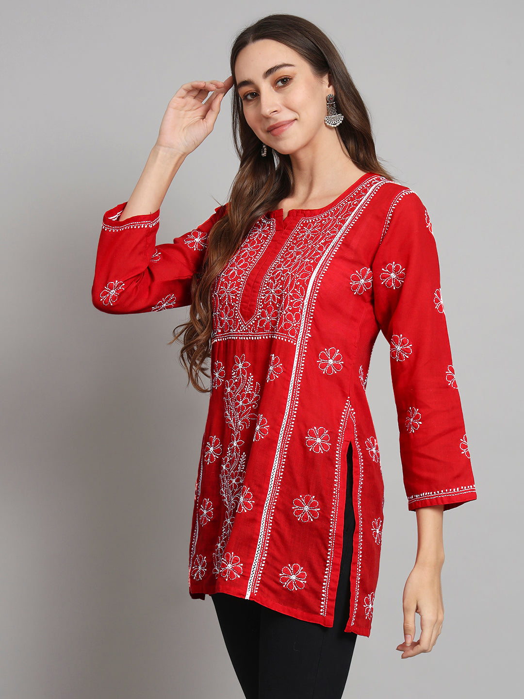 Women Hand Embroidered Chikankari Cotton Straight Kurti- PC3614 Red