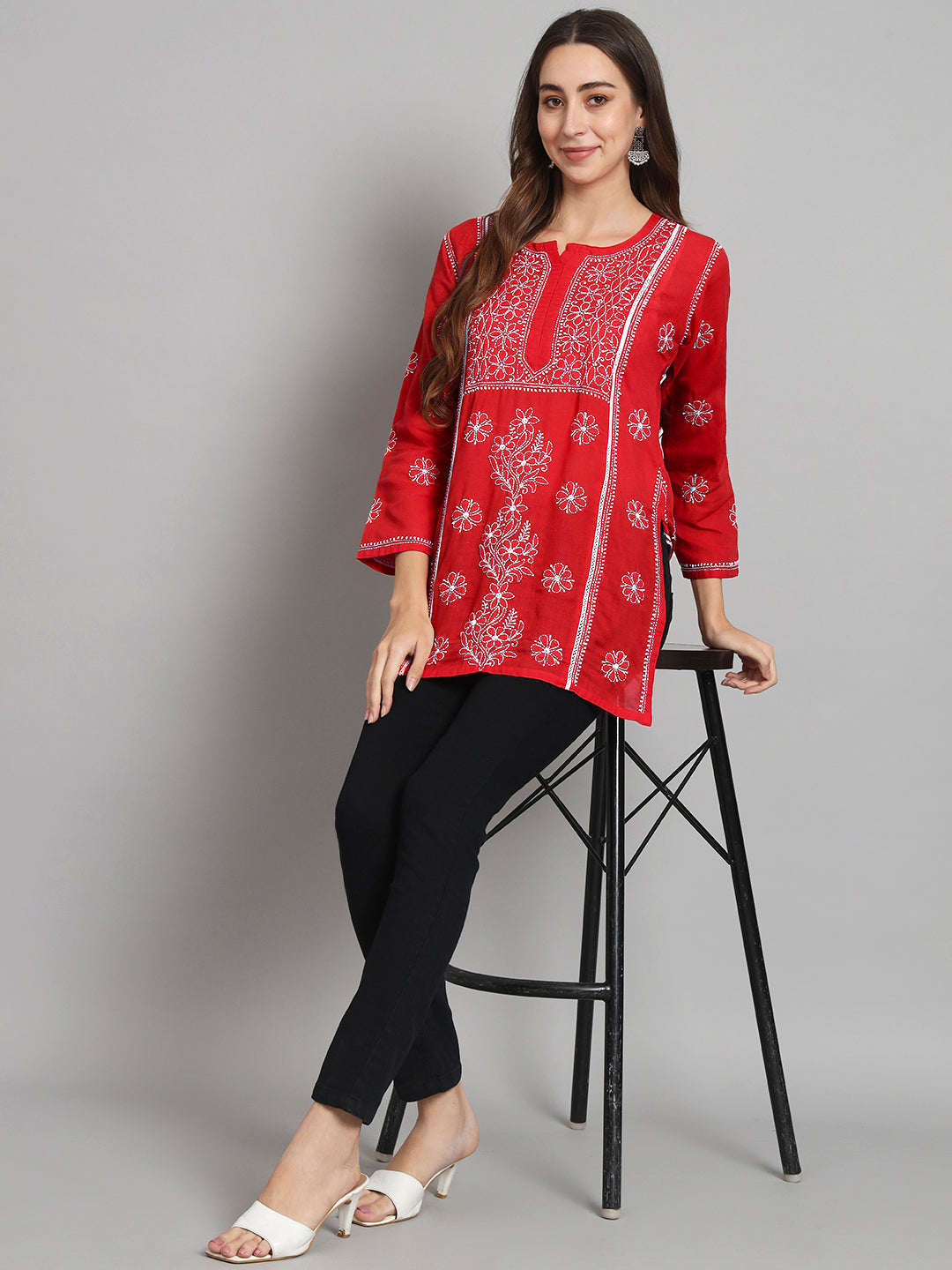 Women Hand Embroidered Chikankari Cotton Straight Kurti- PC3614 Red