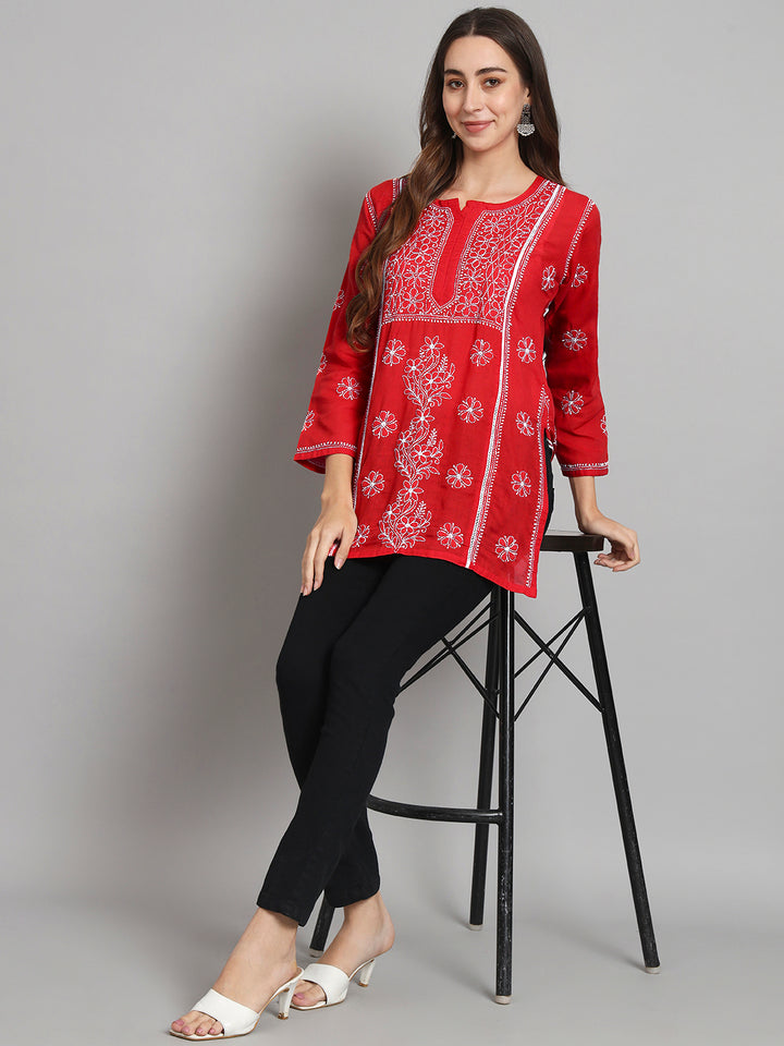 Women Hand Embroidered Chikankari Cotton Straight Kurti- PC3614 Red
