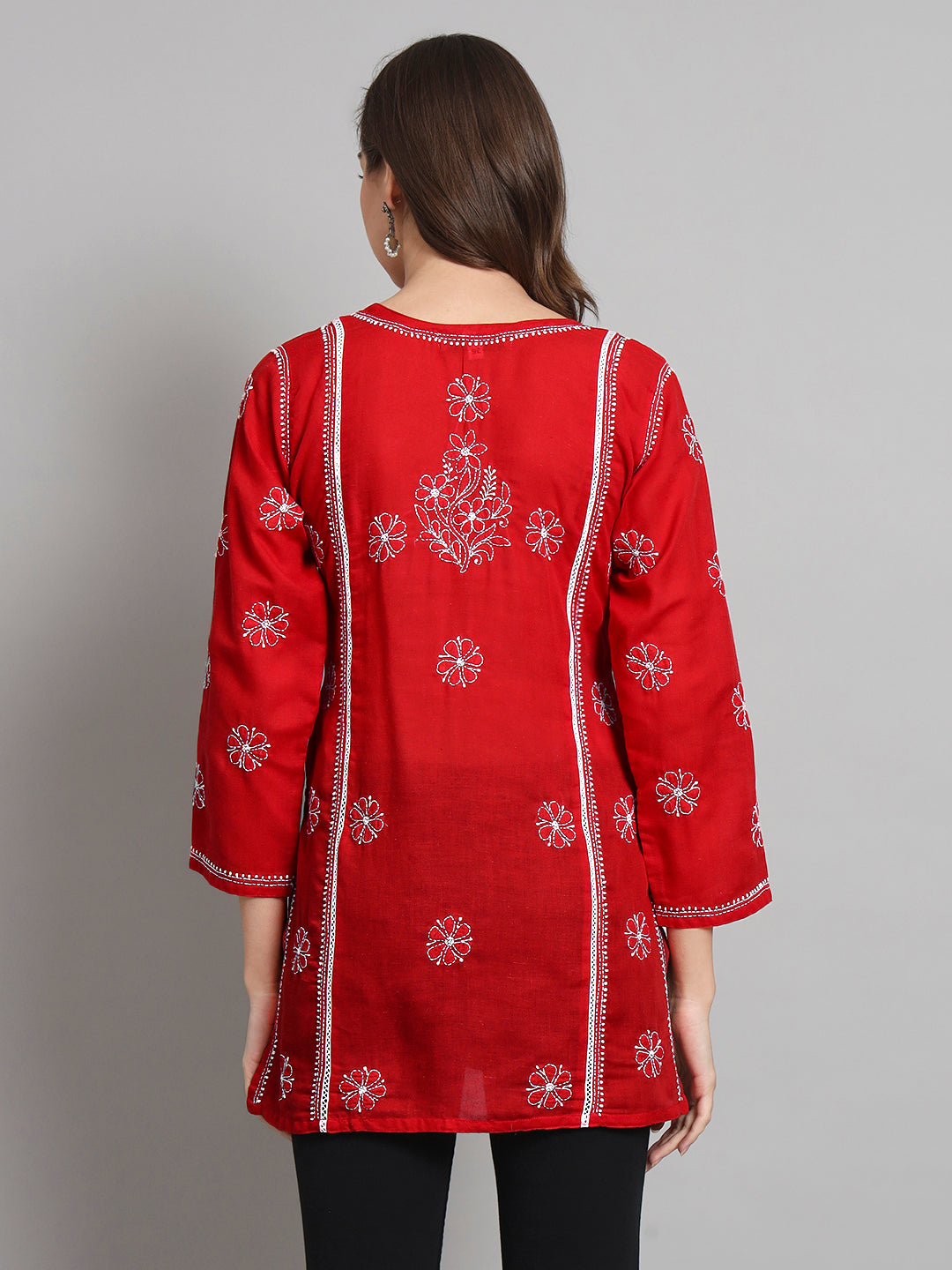 Women Hand Embroidered Chikankari Cotton Straight Kurti- PC3614 Red