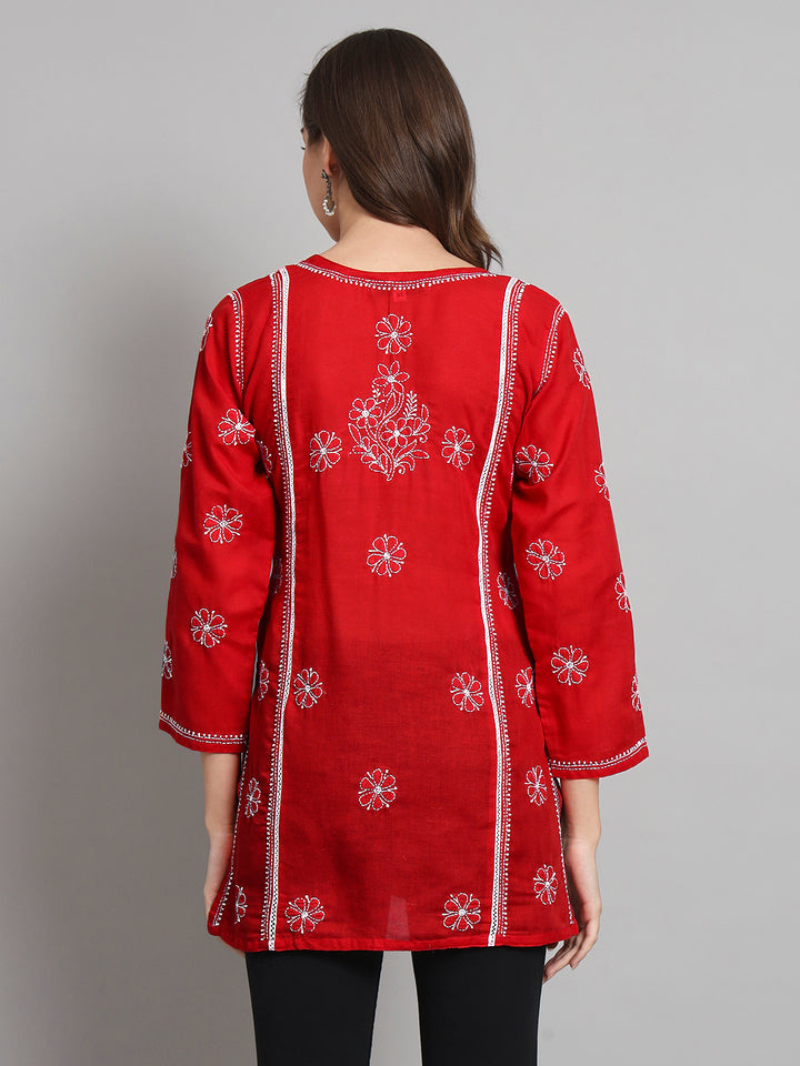 Women Hand Embroidered Chikankari Cotton Straight Kurti- PC3614 Red
