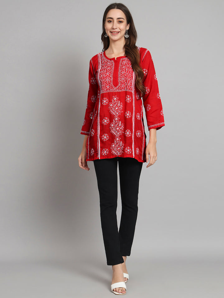 Women Hand Embroidered Chikankari Cotton Straight Kurti- PC3614 Red
