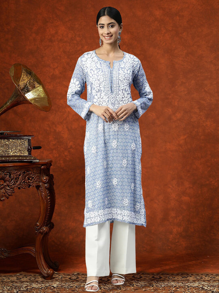 Hand Embroidered Chikankari Straight Floral  Cotton Kurta-PC3650 Blue