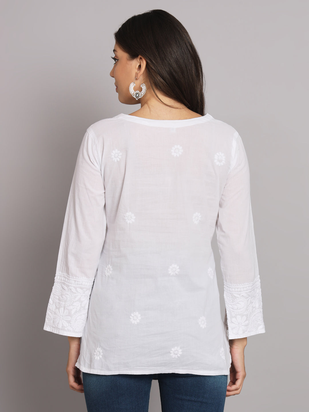 Ethnic Motifs Hand Embroidered V-Neck Cotton Chikankari Kurti-PC3678