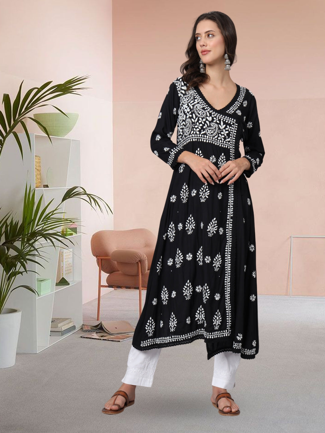 WOMEN HAND EMBROIDERED CHIKANKARI MODAL ANGRAKHA KURTA PC3890