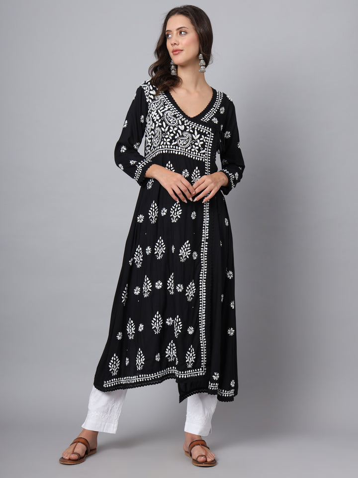 WOMEN HAND EMBROIDERED CHIKANKARI MODAL ANGRAKHA KURTA PC3890