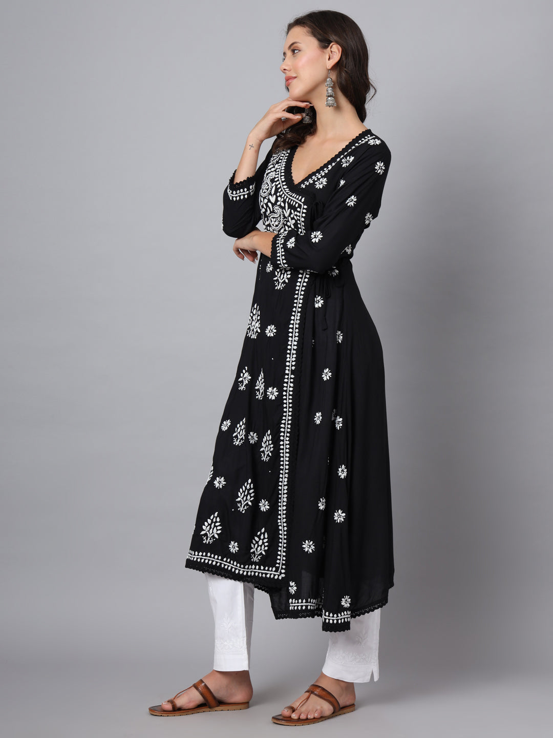 WOMEN HAND EMBROIDERED CHIKANKARI MODAL ANGRAKHA KURTA PC3890