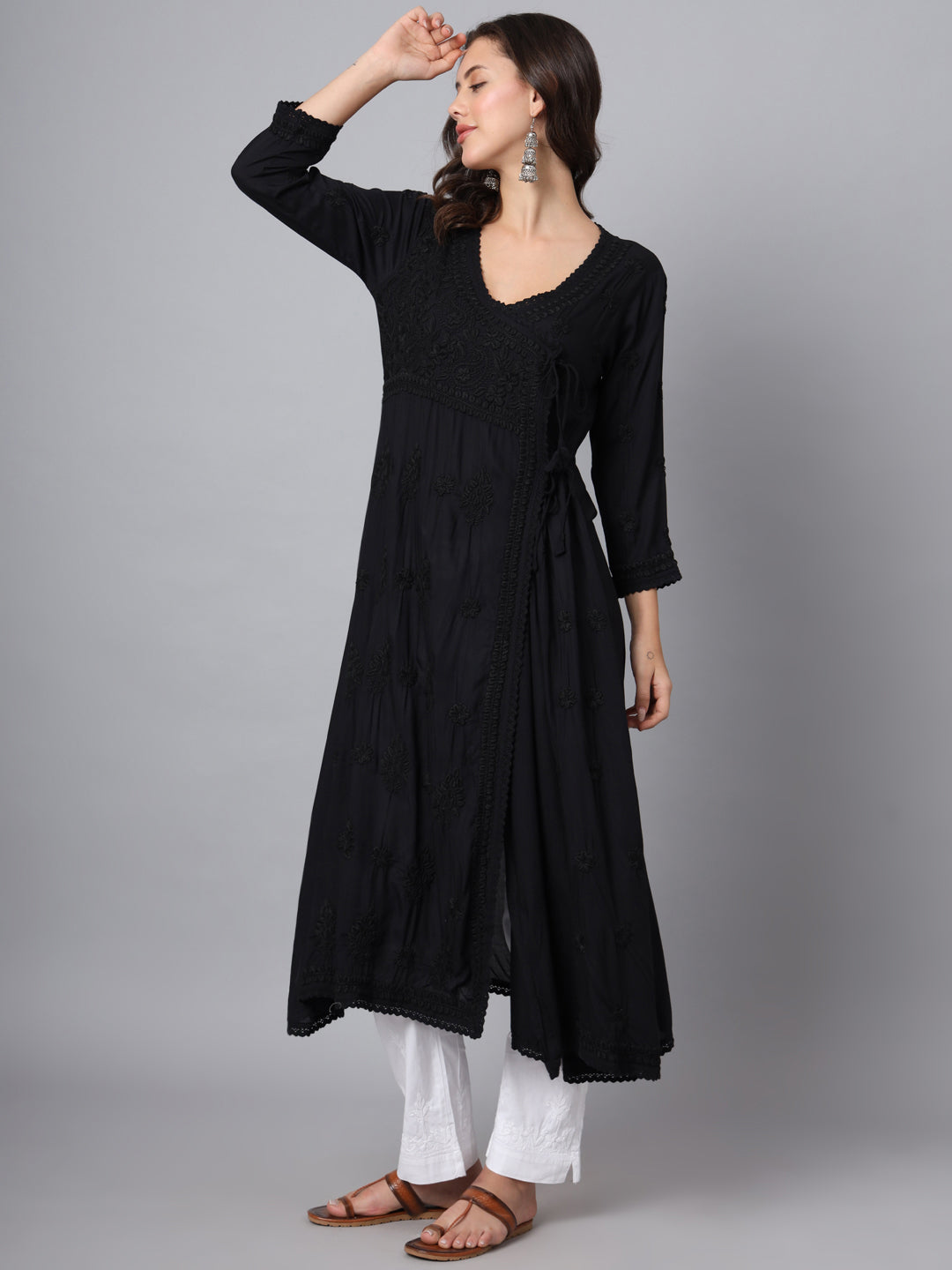 WOMEN HAND EMBROIDERED CHIKANKARI MODAL ANGRAKHA KURTA PC3890