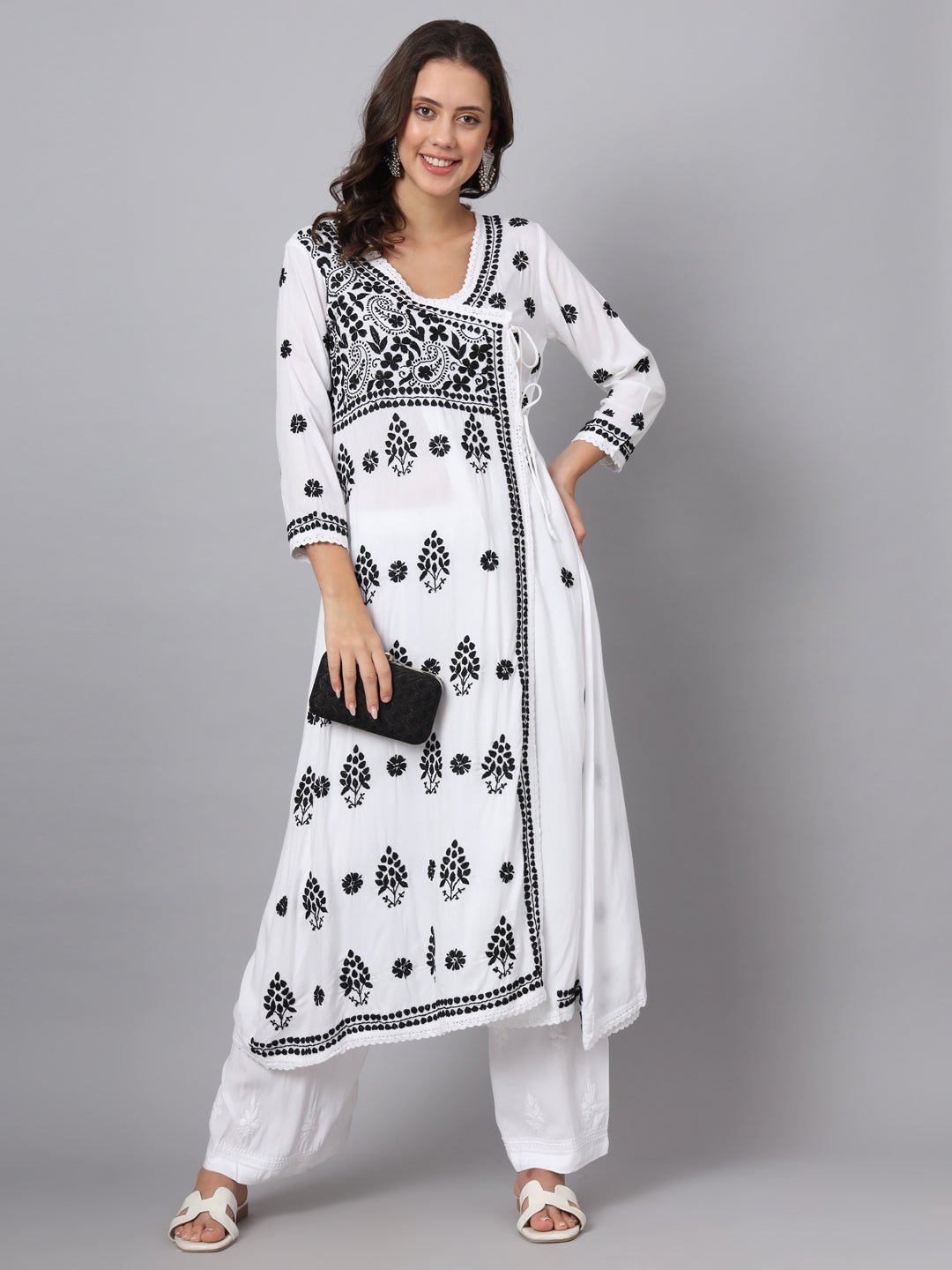 WOMEN HAND EMBROIDERED CHIKANKARI MODAL ANGRAKHA KURTA PC3890