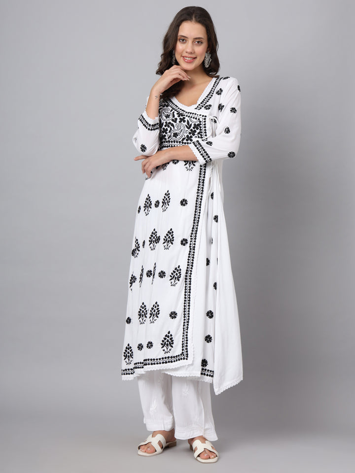 WOMEN HAND EMBROIDERED CHIKANKARI MODAL ANGRAKHA KURTA PC3890