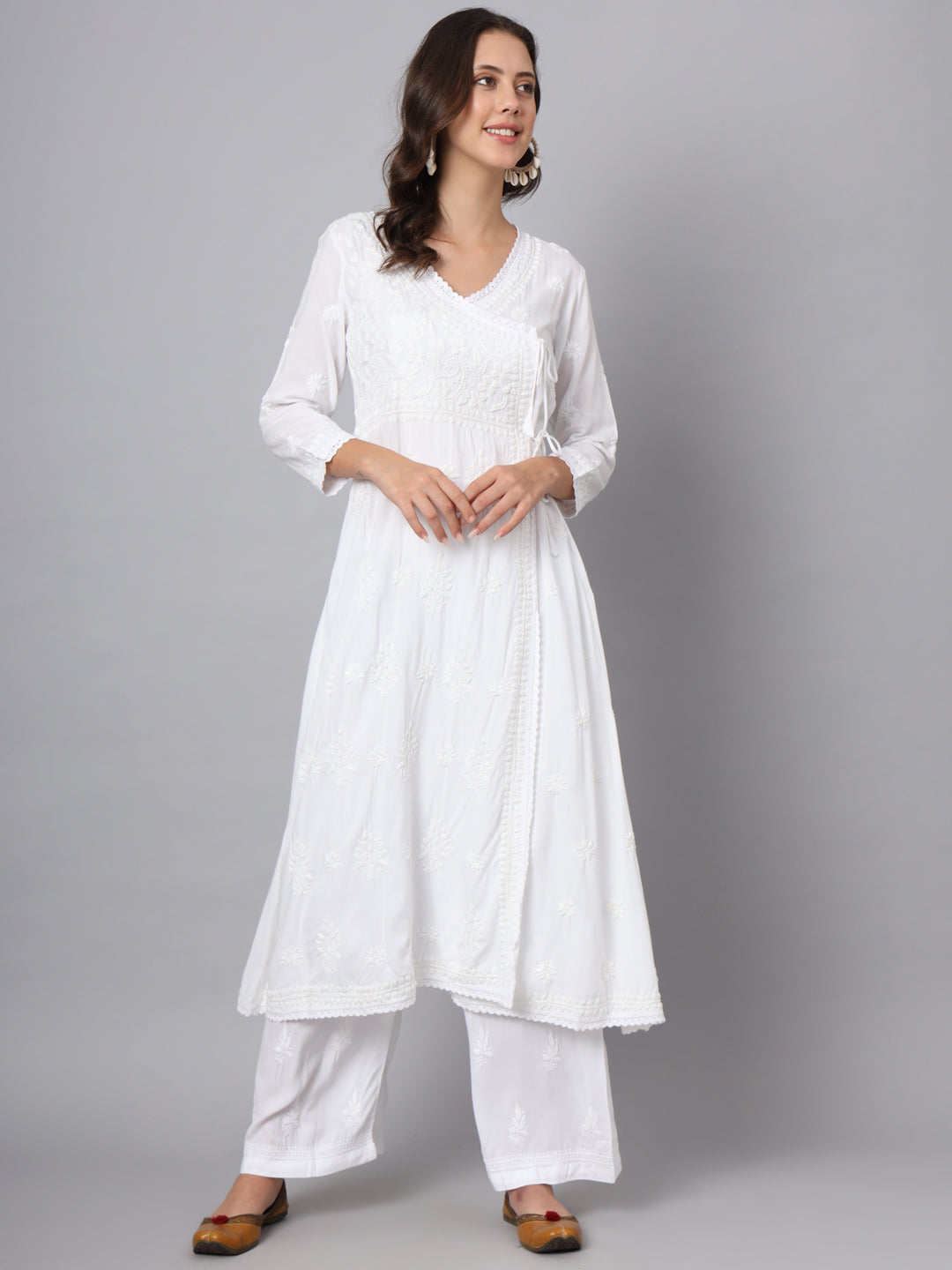 WOMEN HAND EMBROIDERED CHIKANKARI MODAL ANGRAKHA KURTA PC3890