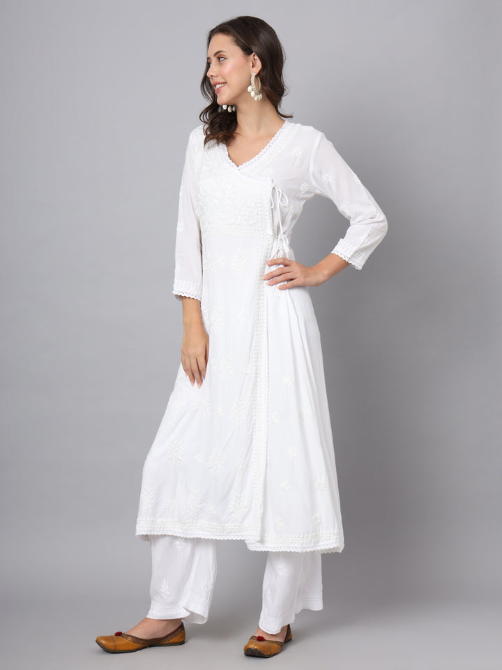 WOMEN HAND EMBROIDERED CHIKANKARI MODAL ANGRAKHA KURTA PC3890