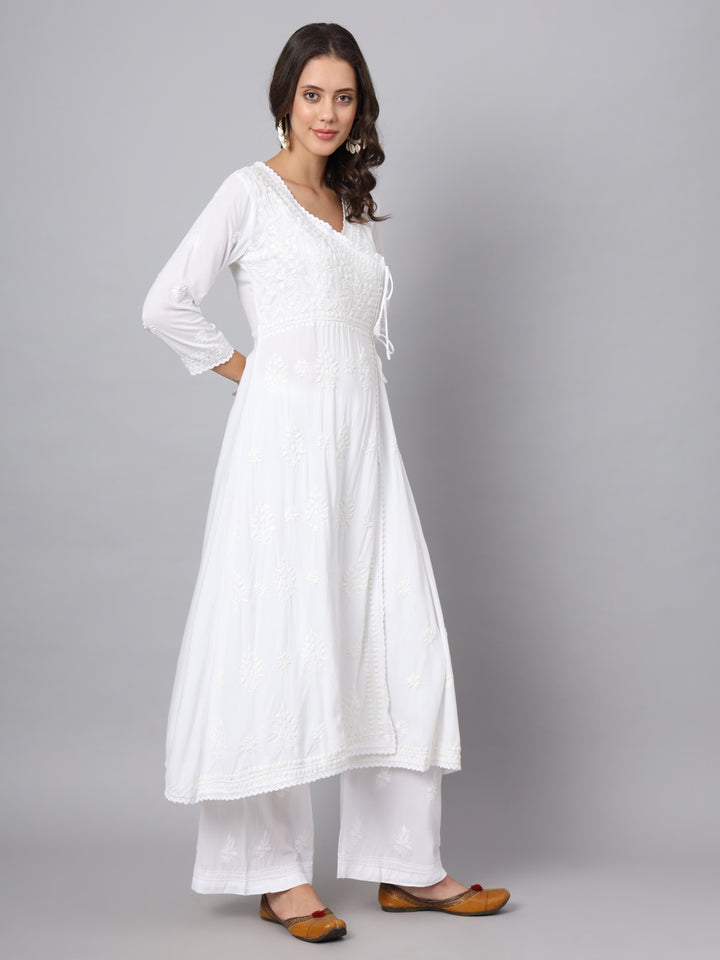 WOMEN HAND EMBROIDERED CHIKANKARI MODAL ANGRAKHA KURTA PC3890