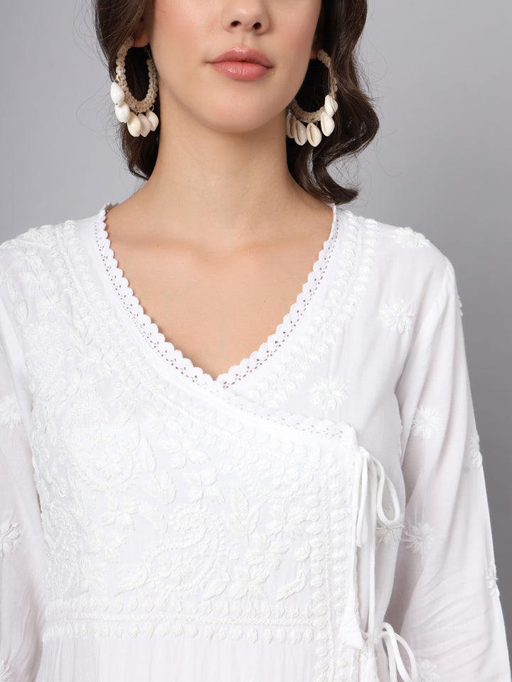 WOMEN HAND EMBROIDERED CHIKANKARI MODAL ANGRAKHA KURTA PC3890