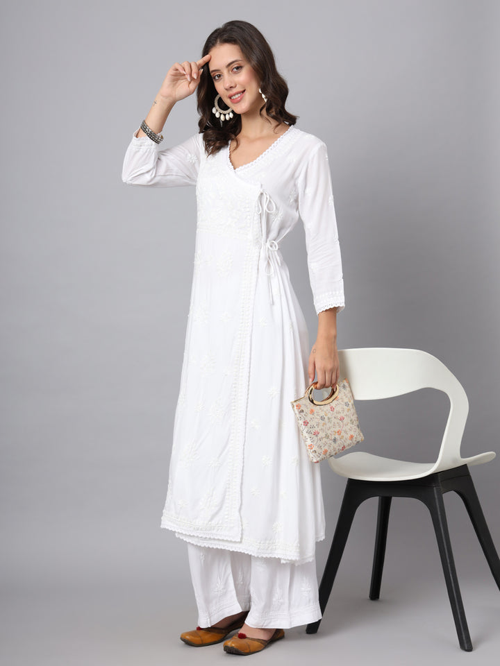 WOMEN HAND EMBROIDERED CHIKANKARI MODAL ANGRAKHA KURTA PC3890