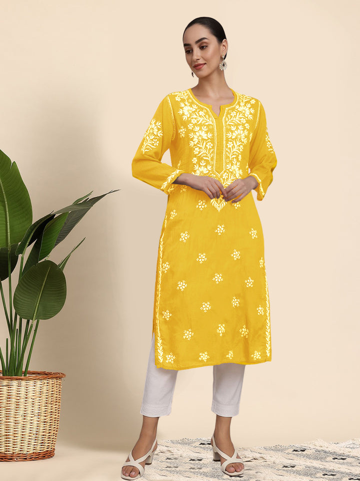 Hand Embroidered Chikankari Modal Straight Kurta- PC4059 Yellow