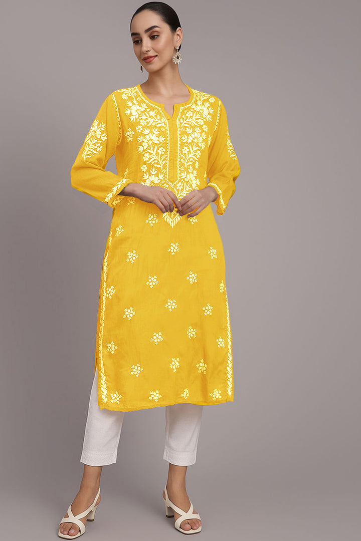 Hand Embroidered Chikankari Modal Straight Kurta- PC4059 Yellow