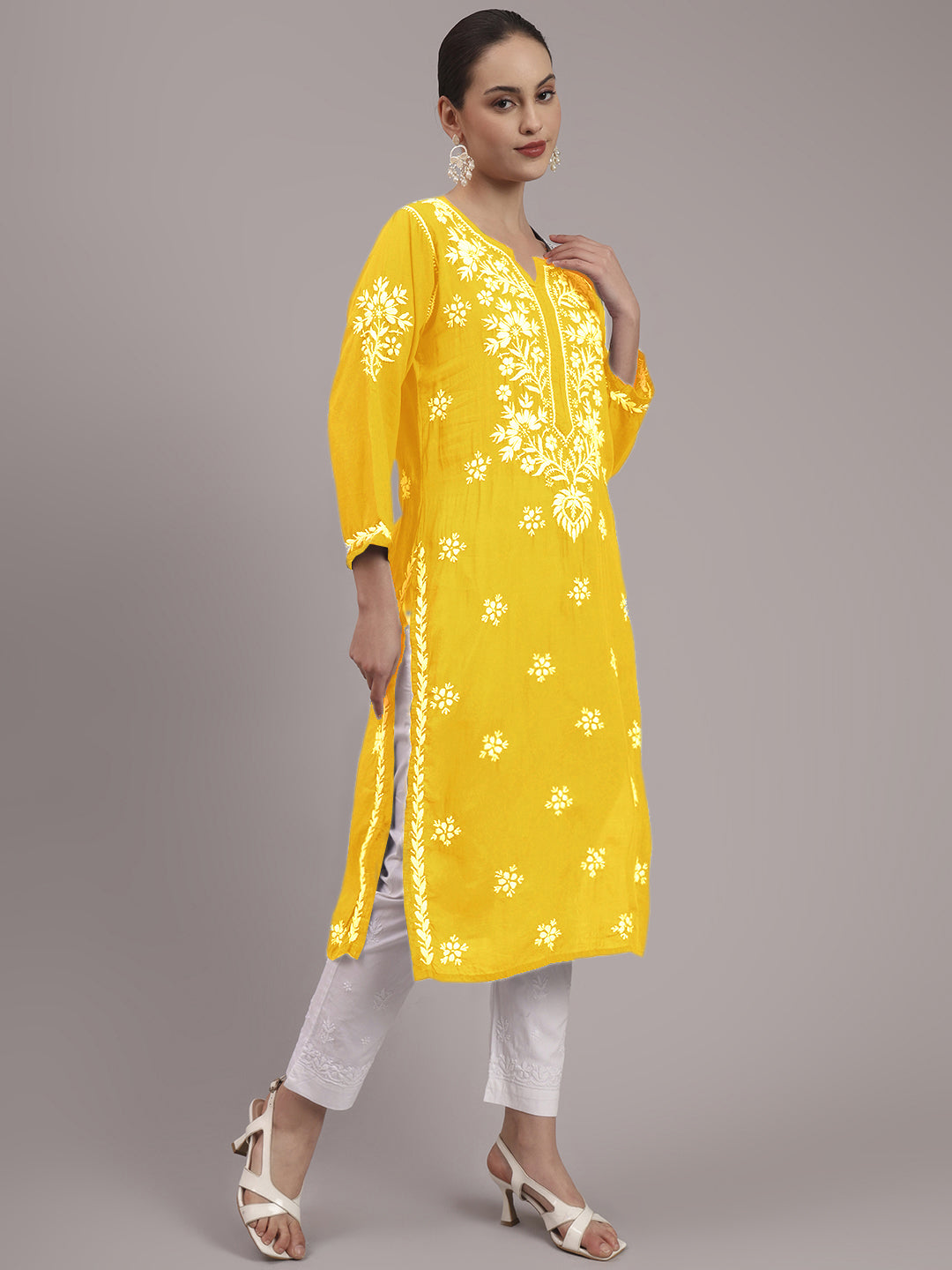 Hand Embroidered Chikankari Modal Straight Kurta- PC4059 Yellow
