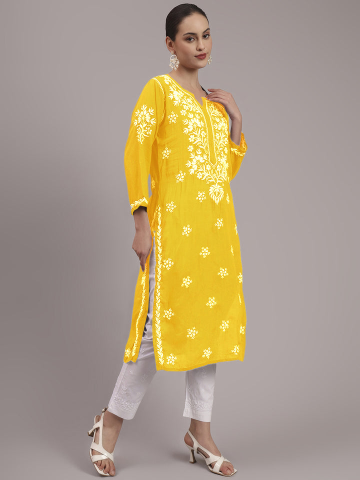 Hand Embroidered Chikankari Modal Straight Kurta- PC4059 Yellow