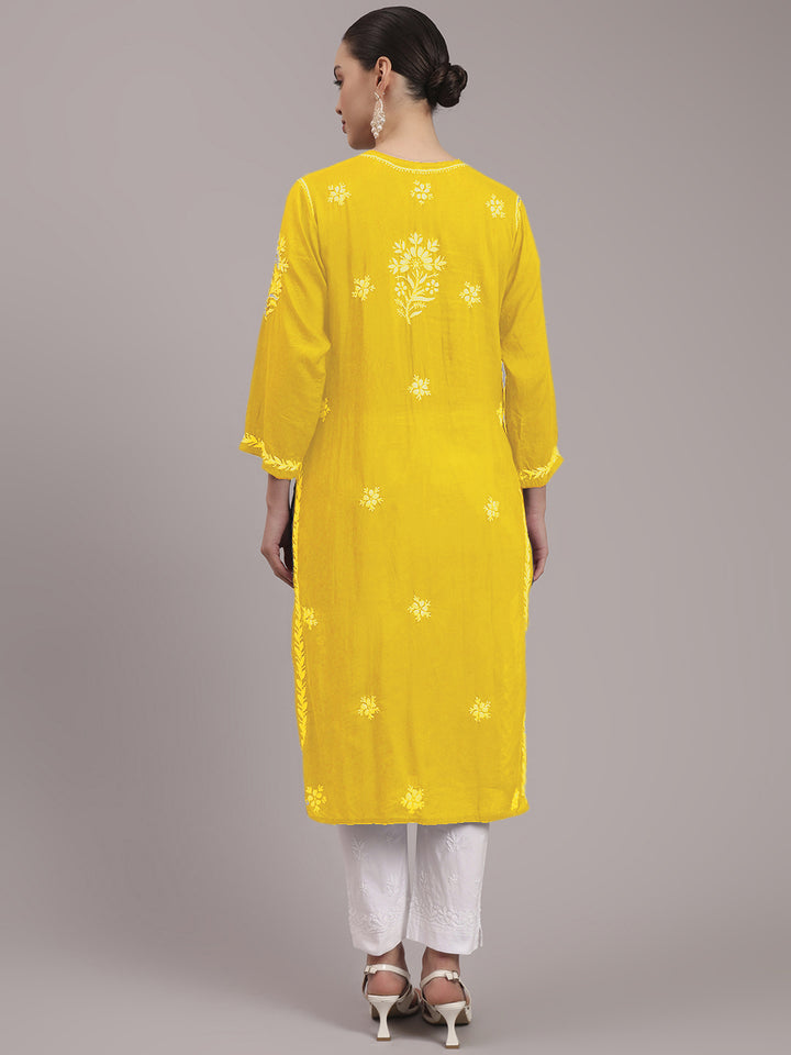 Hand Embroidered Chikankari Modal Straight Kurta- PC4059 Yellow