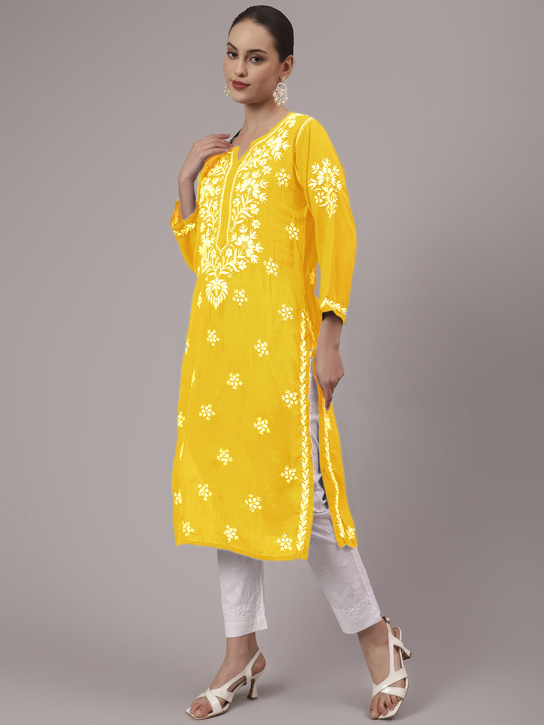 Hand Embroidered Chikankari Modal Straight Kurta- PC4059 Yellow