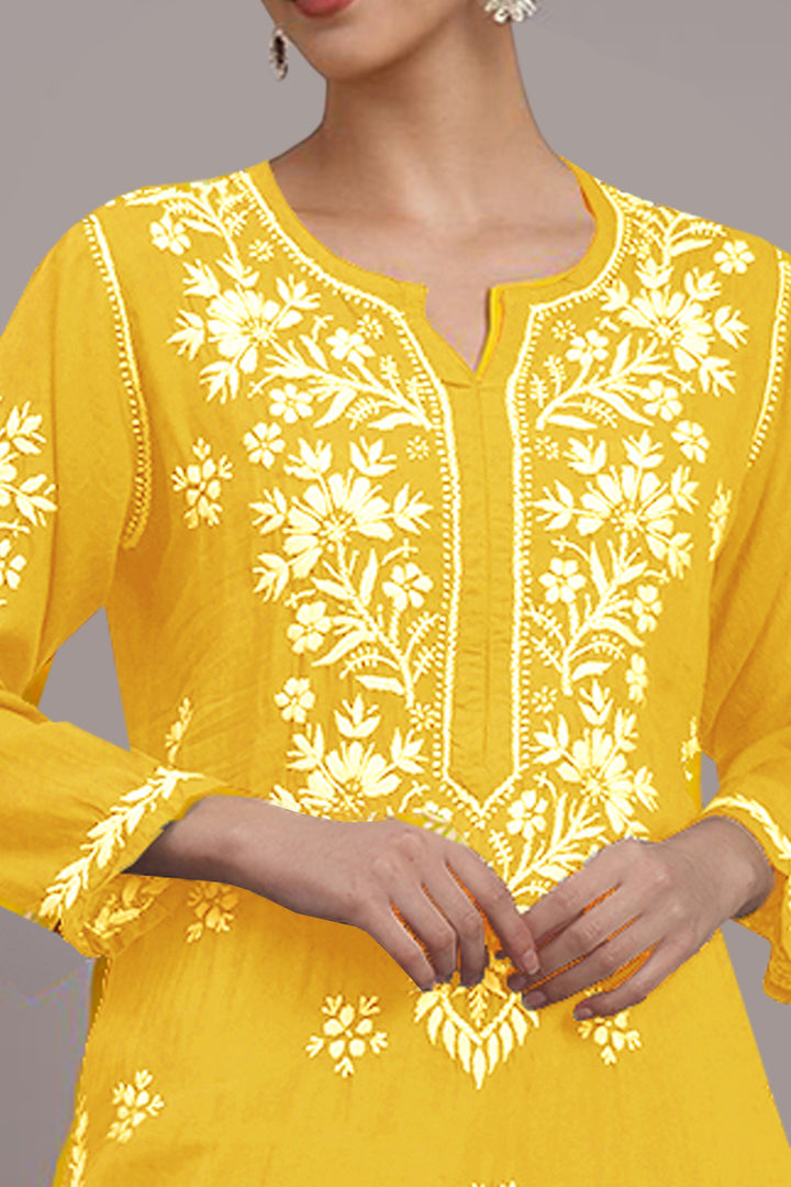 Hand Embroidered Chikankari Modal Straight Kurta- PC4059 Yellow
