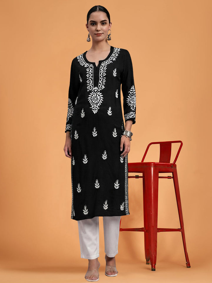 Women Hand Embroidered Chikankari Rayon Kurta PC4076 Black