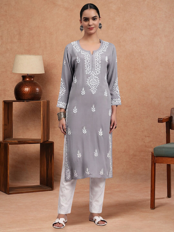 Women Hand Embroidered Chikankari Rayon Kurta PC4076 Grey