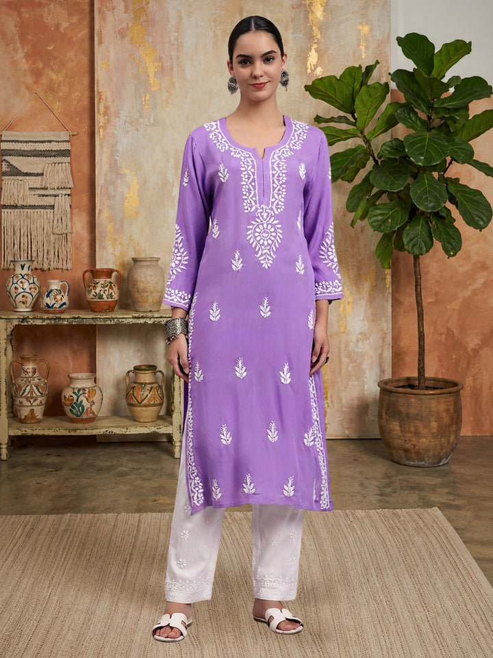 Women Hand Embroidered Chikankari Rayon Kurta PC4076 Purple