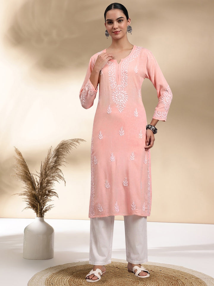 Women Hand Embroidered Chikankari Rayon Kurta PC4076 Peachpuff