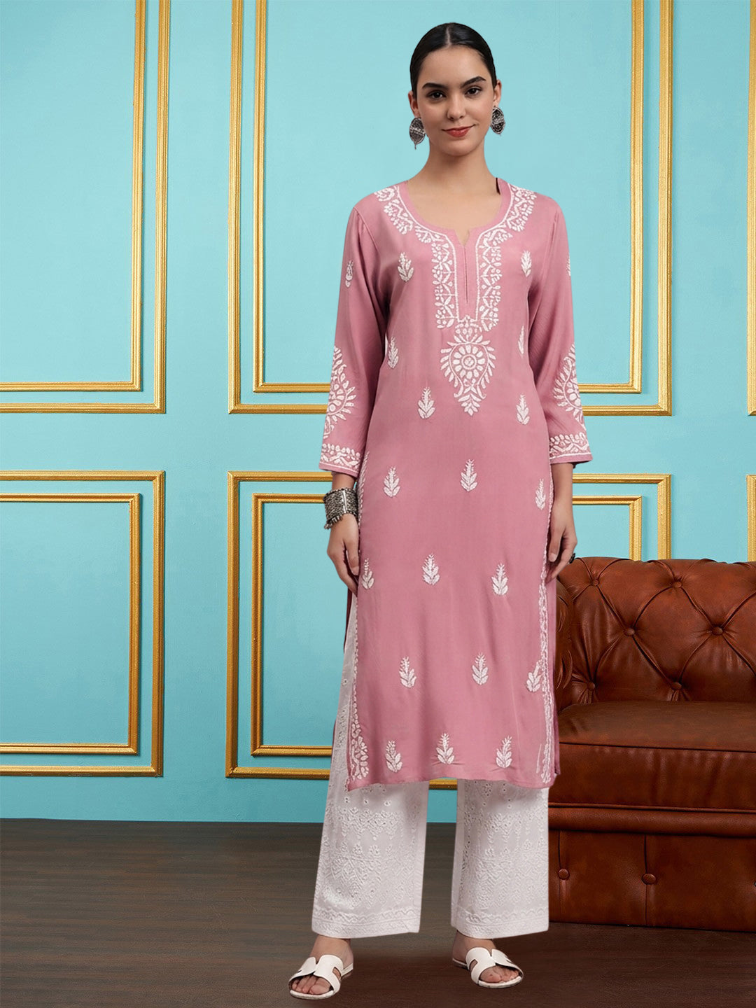 Women Hand Embroidered Chikankari Rayon Kurta PC4076 Orangered