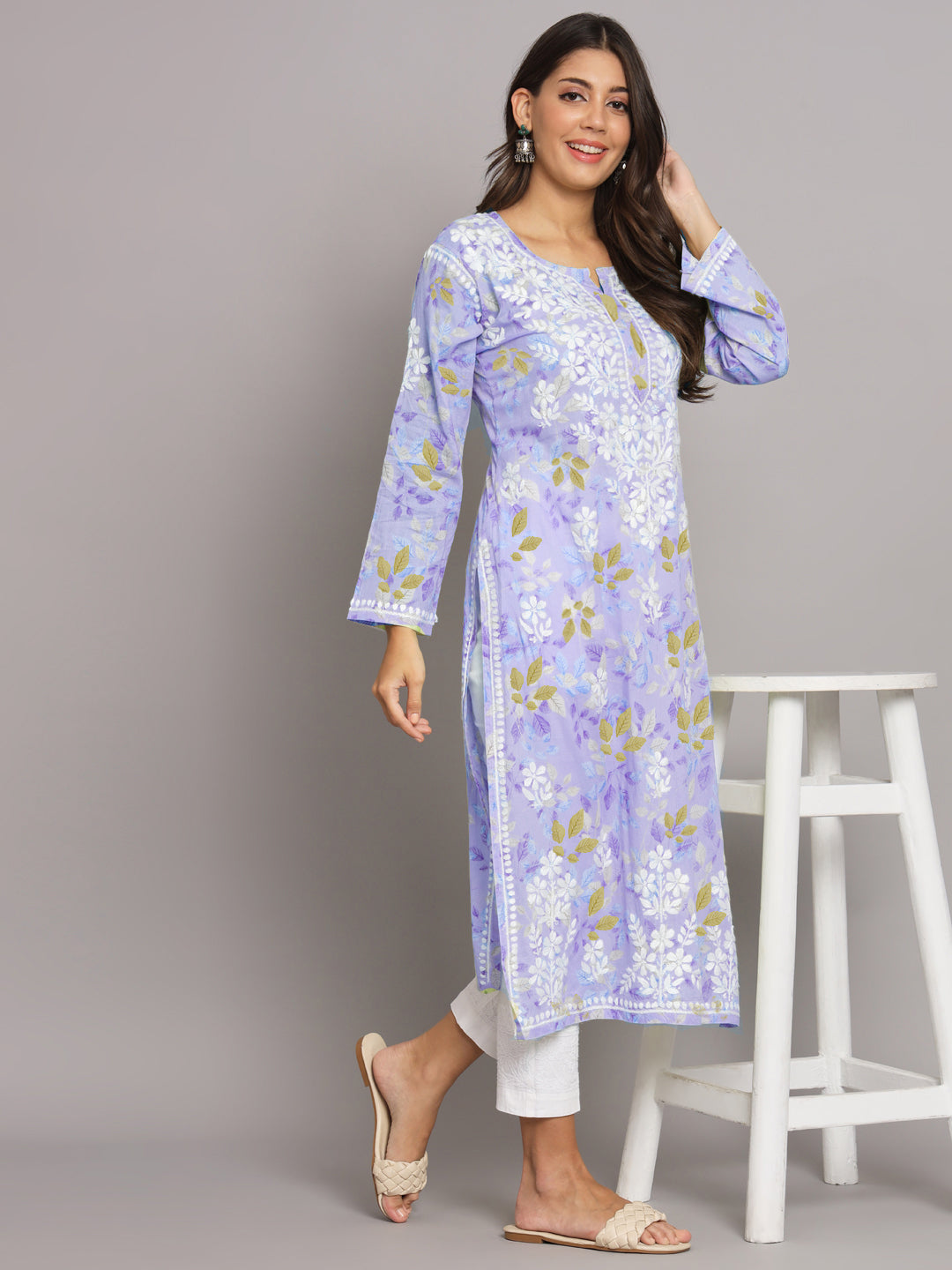 Hand Embroidered Chikankari Mulmul Printed Straight Kurta- PC3680