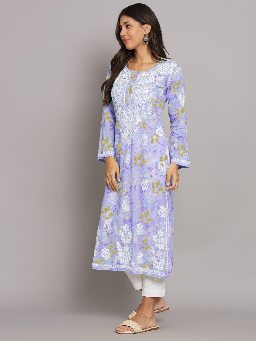 Hand Embroidered Chikankari Mulmul Printed Straight Kurta- PC3680