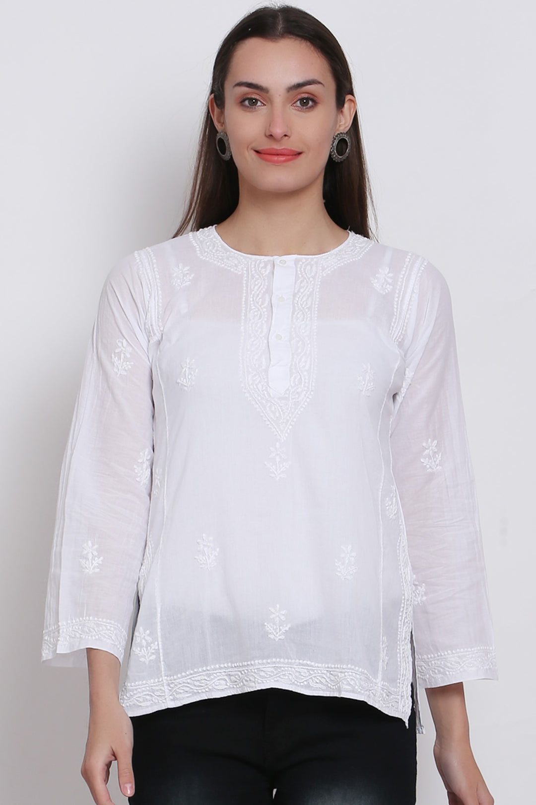 White Ethnic Motifs Hand Embroidered Chikankari Pure Cotton Sustainable Kurti-SKM1770