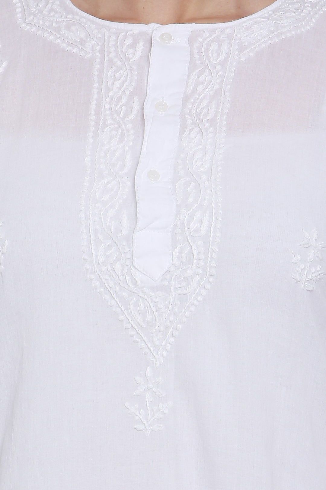 White Ethnic Motifs Hand Embroidered Chikankari Pure Cotton Sustainable Kurti-SKM1770