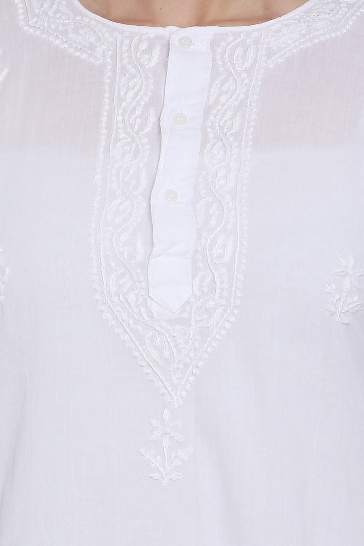 White Ethnic Motifs Hand Embroidered Chikankari Pure Cotton Sustainable Kurti-SKM1770