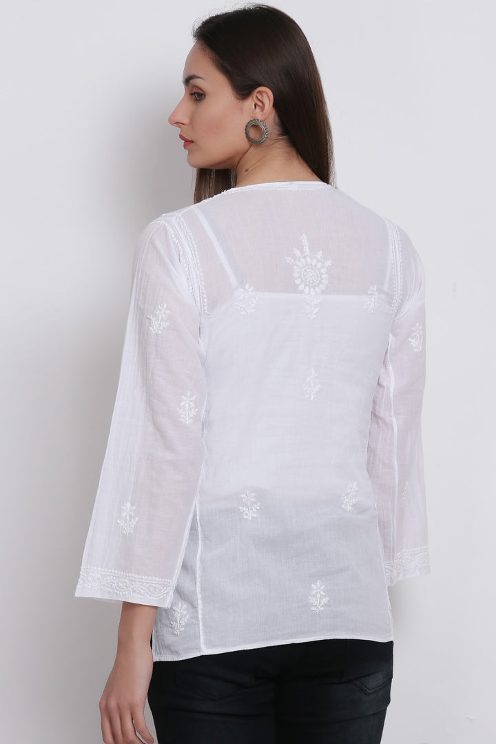 White Ethnic Motifs Hand Embroidered Chikankari Pure Cotton Sustainable Kurti-SKM1770