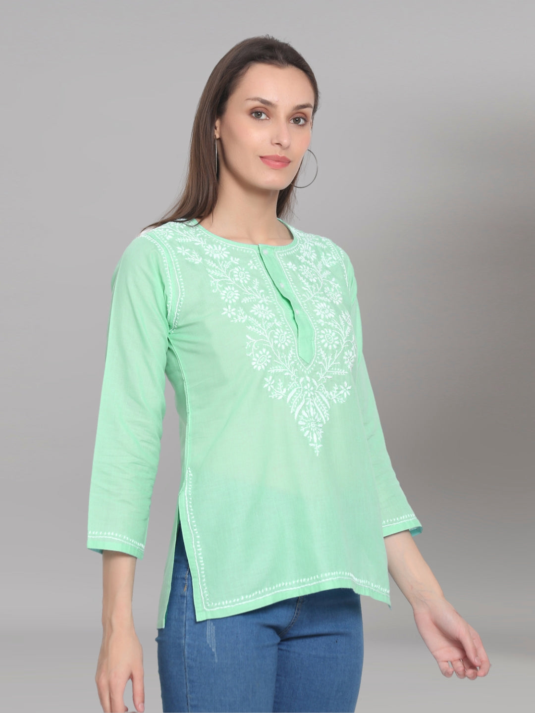 Women Hand Embroidered Chikankari Cotton Kurti-STV115