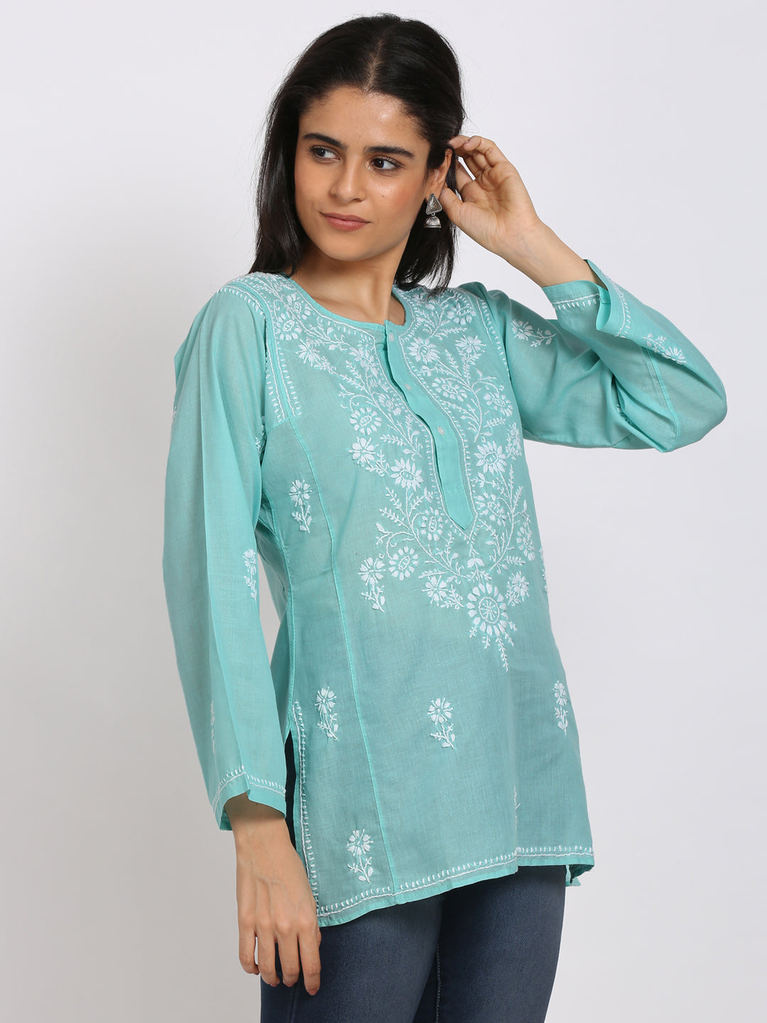 Women Hand Embroidered Chikankari Cotton Kurti-STV115