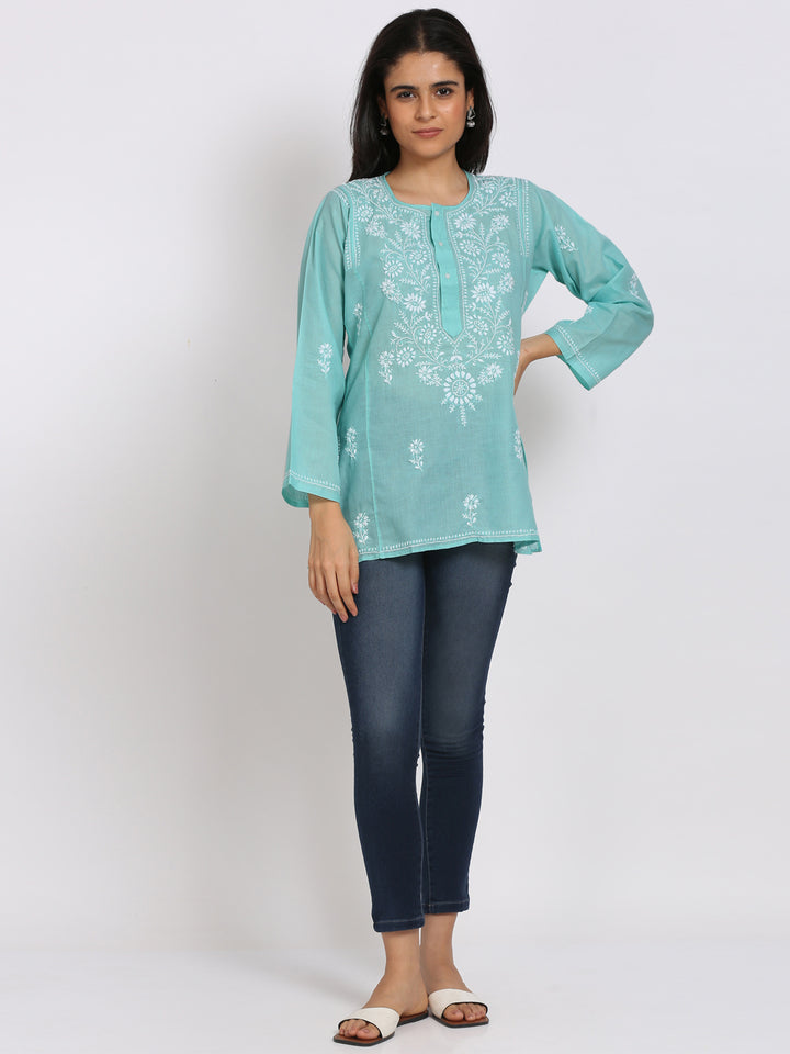 Women Hand Embroidered Chikankari Cotton Kurti-STV115