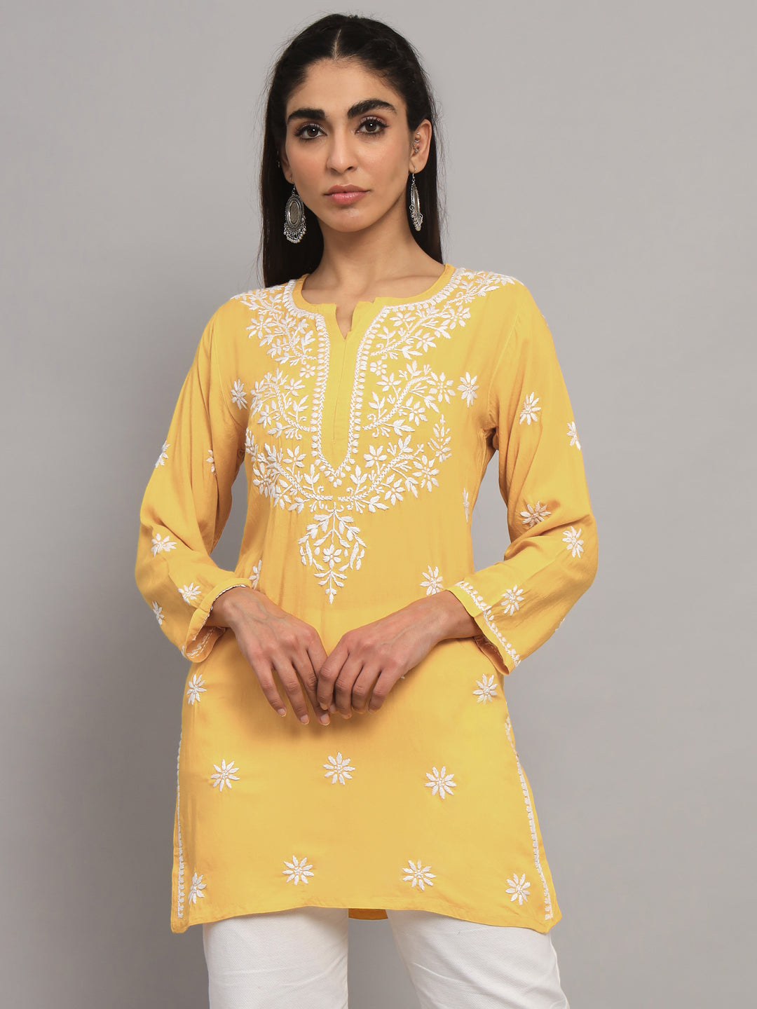 Women Hand Embroidered Chikankari Modal Kurti PC3611 Darkyellow