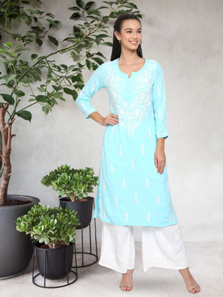 Hand Embroidered White Chikankari Rayon straight Kurta-PC3451