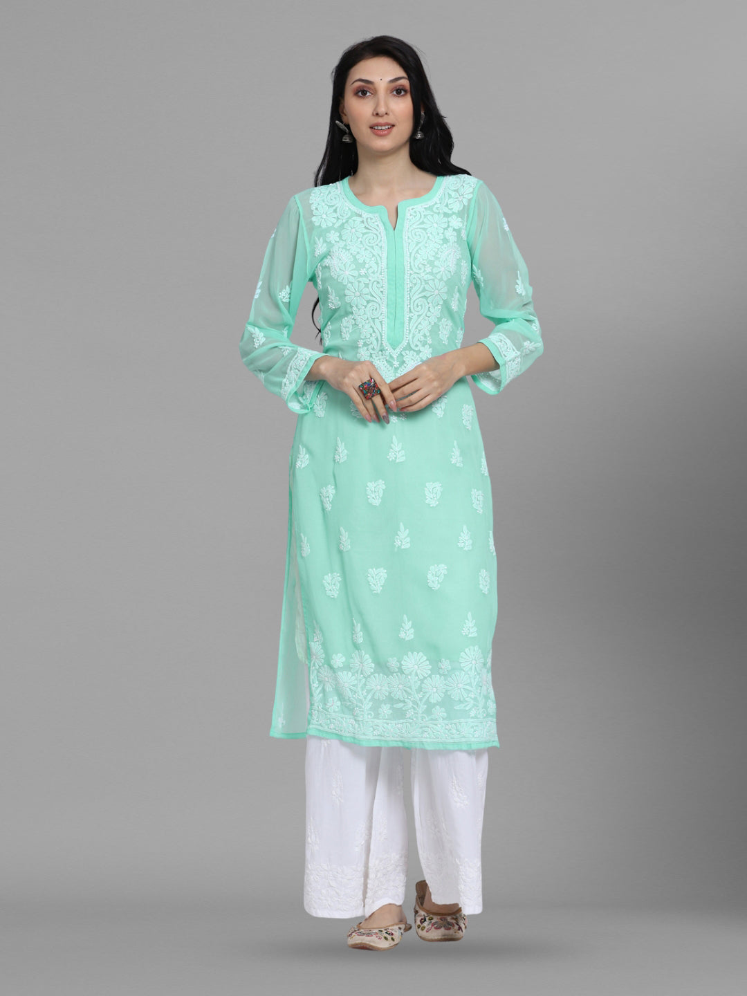 Women Hand Embroidered Chikankari Georgette Straight Kurta with Matching Slip PC3511