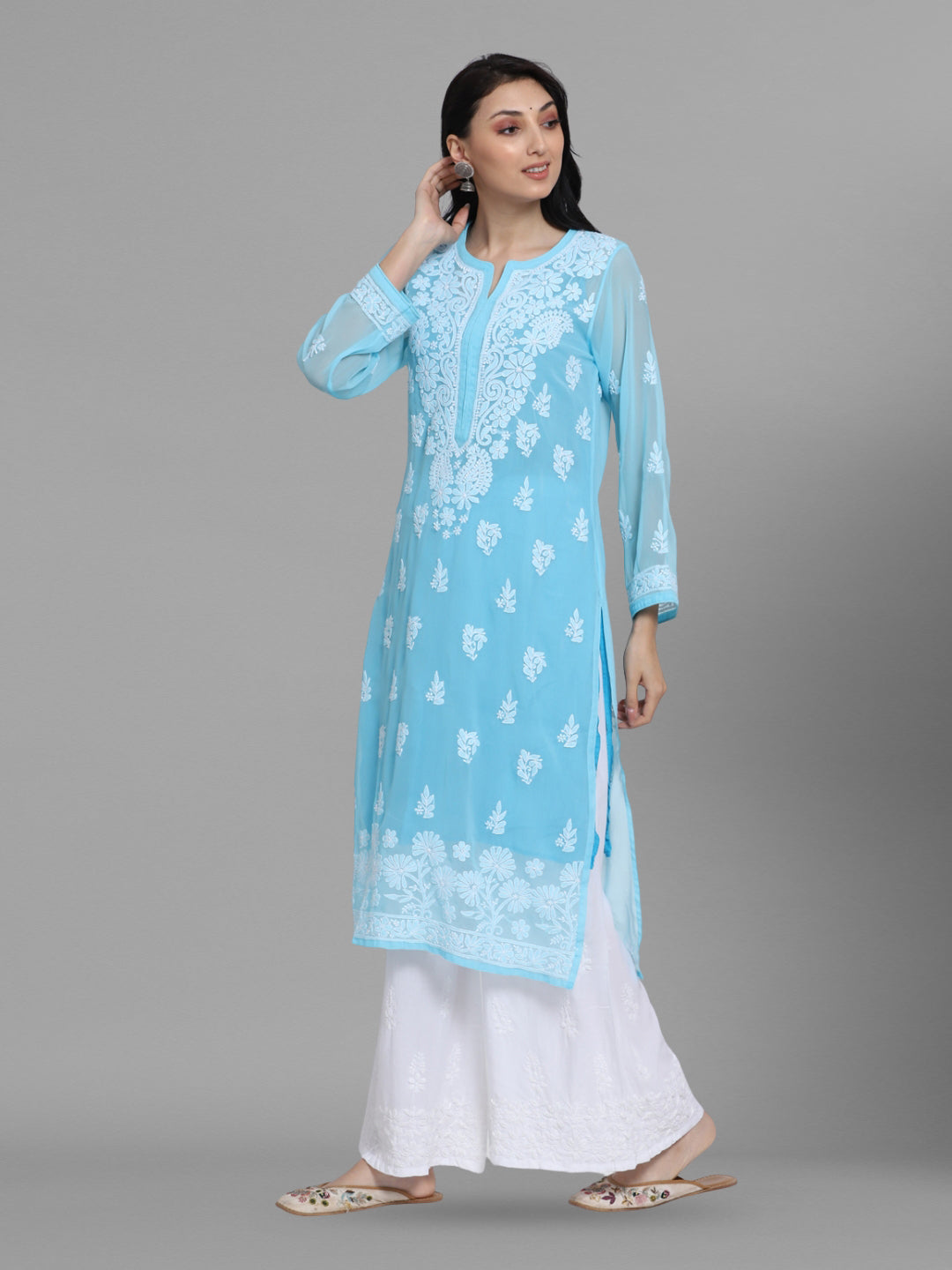 Women Hand Embroidered Chikankari Georgette Straight Kurta with Matching Slip PC3511