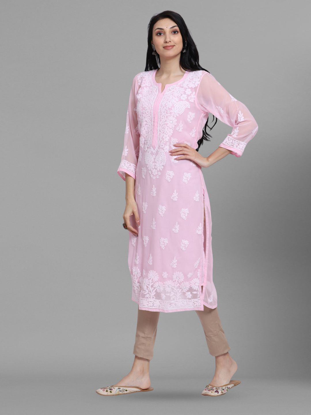 Women Hand Embroidered Chikankari Georgette Straight Kurta with Matching Slip PC3511