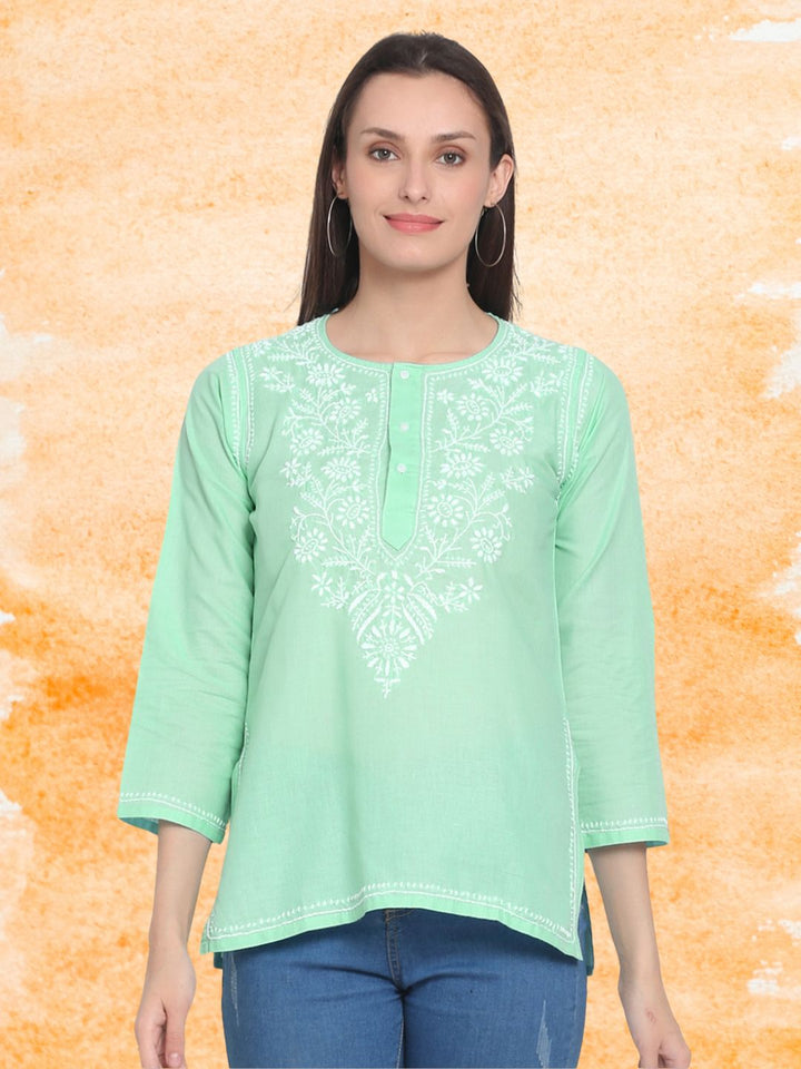 Women Hand Embroidered Chikankari Cotton Kurti-STV115